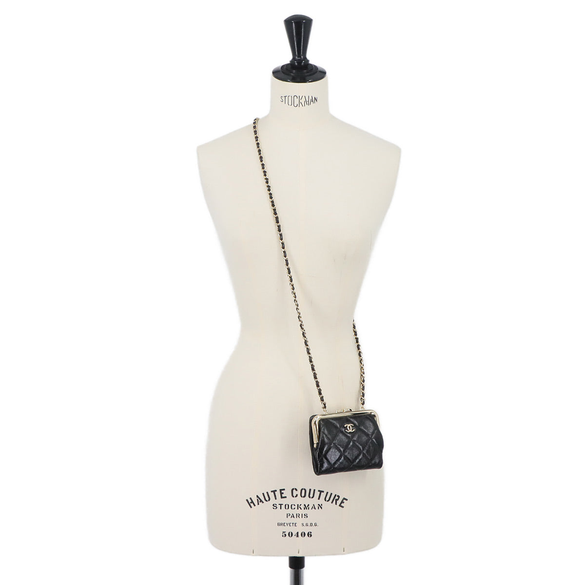 Matelasse Kiss-lock Chain Wallet Leather Black