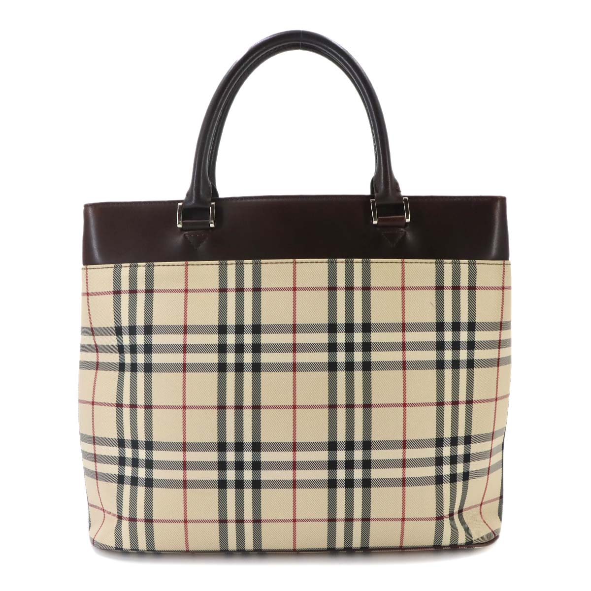 Plaid Hand Bag Canvas Leather Beige Brown