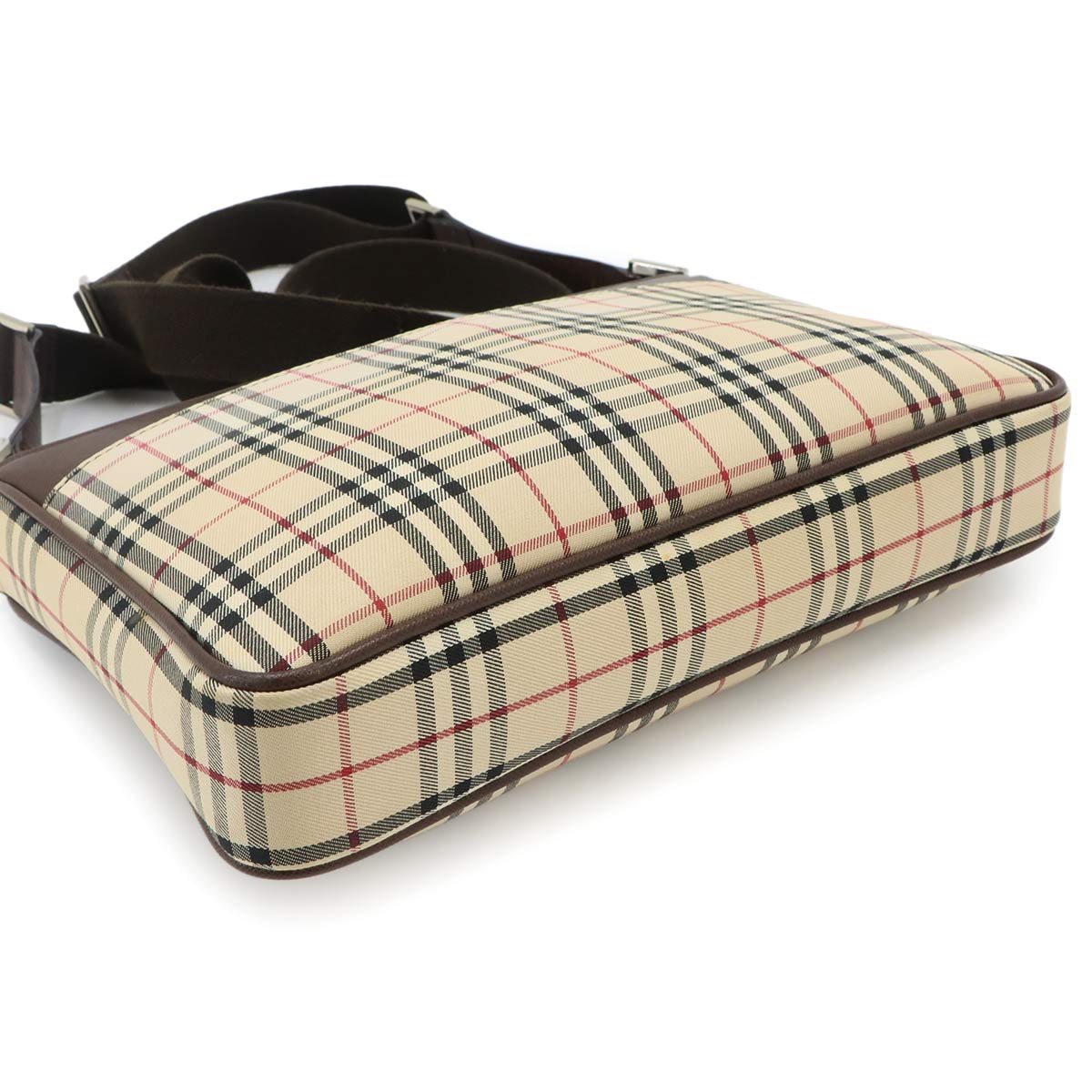 Plaid Shoulder Bag Canvas Leather Beige Brown Purse