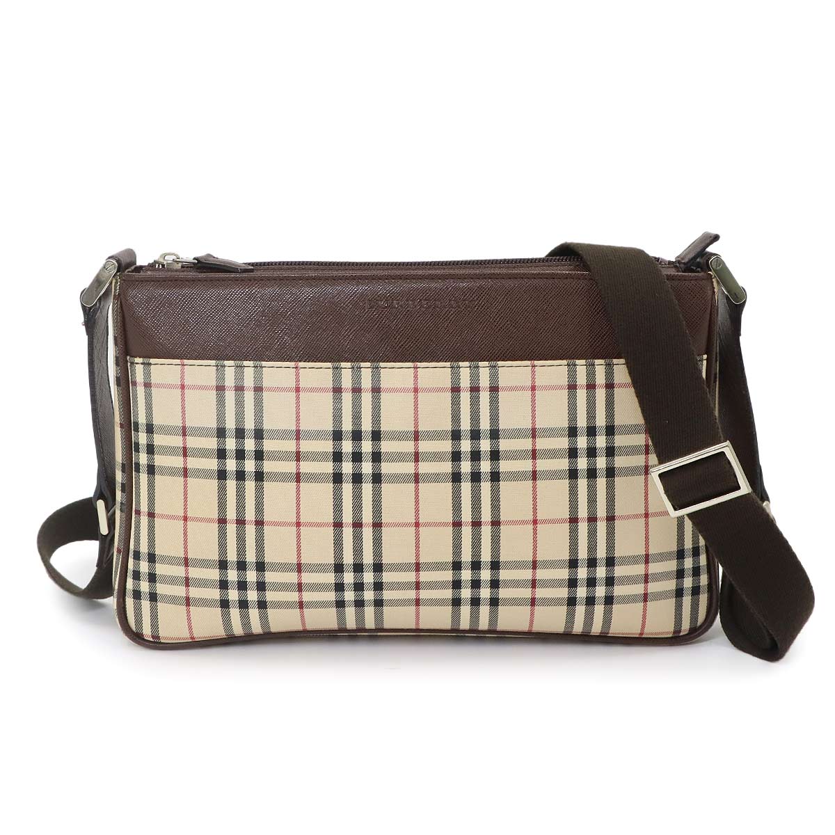 Plaid Shoulder Bag Canvas Leather Beige Brown Purse