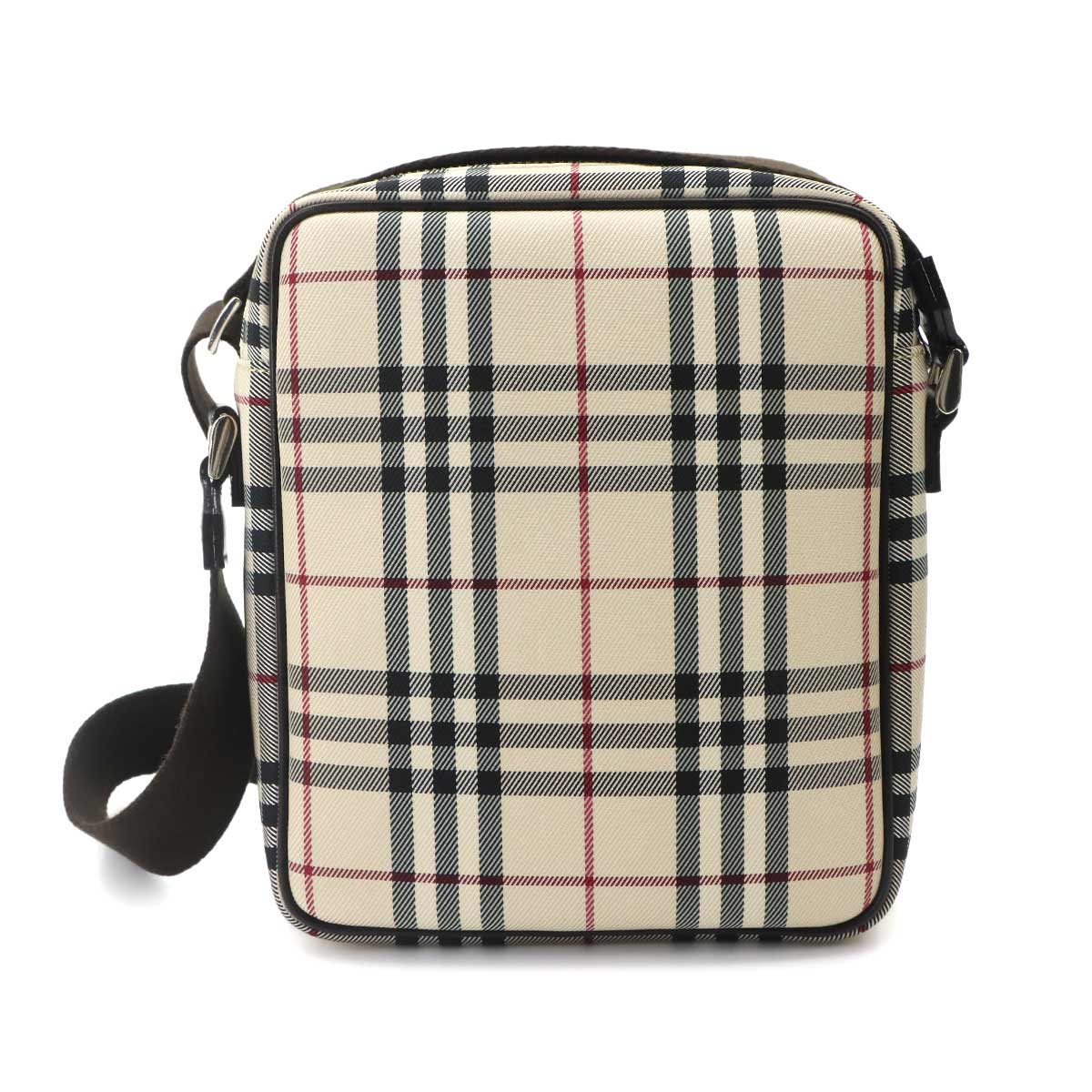 Plaid Shoulder Bag Canvas Leather Beige Brown Purse