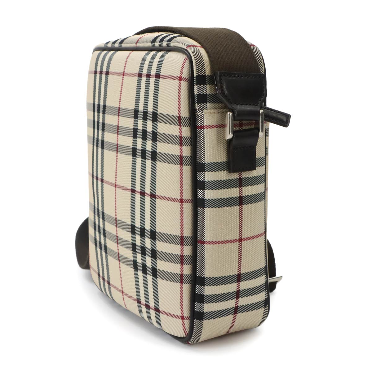 Plaid Shoulder Bag Canvas Leather Beige Brown Purse