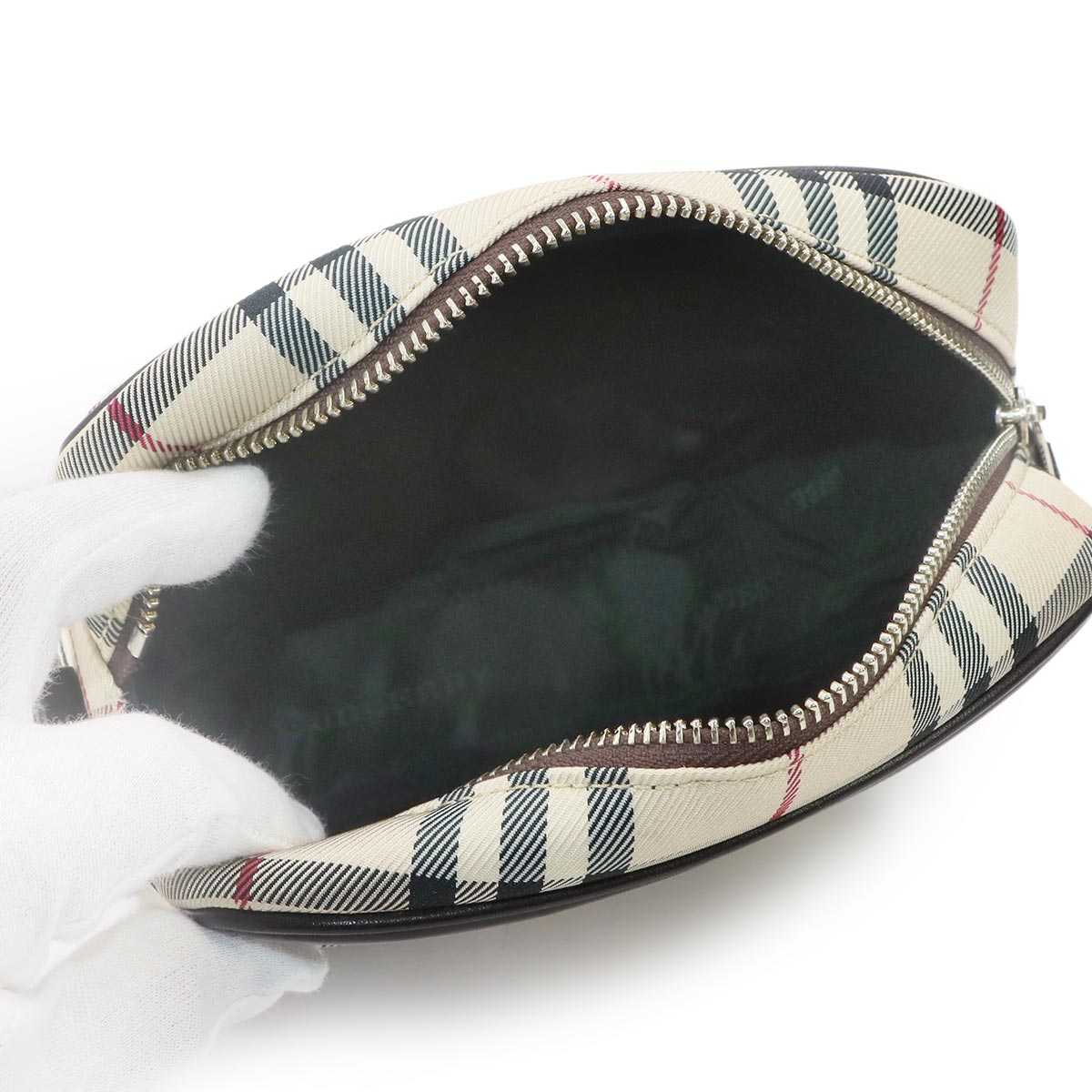 Plaid Shoulder Bag Canvas Leather Beige Brown Purse