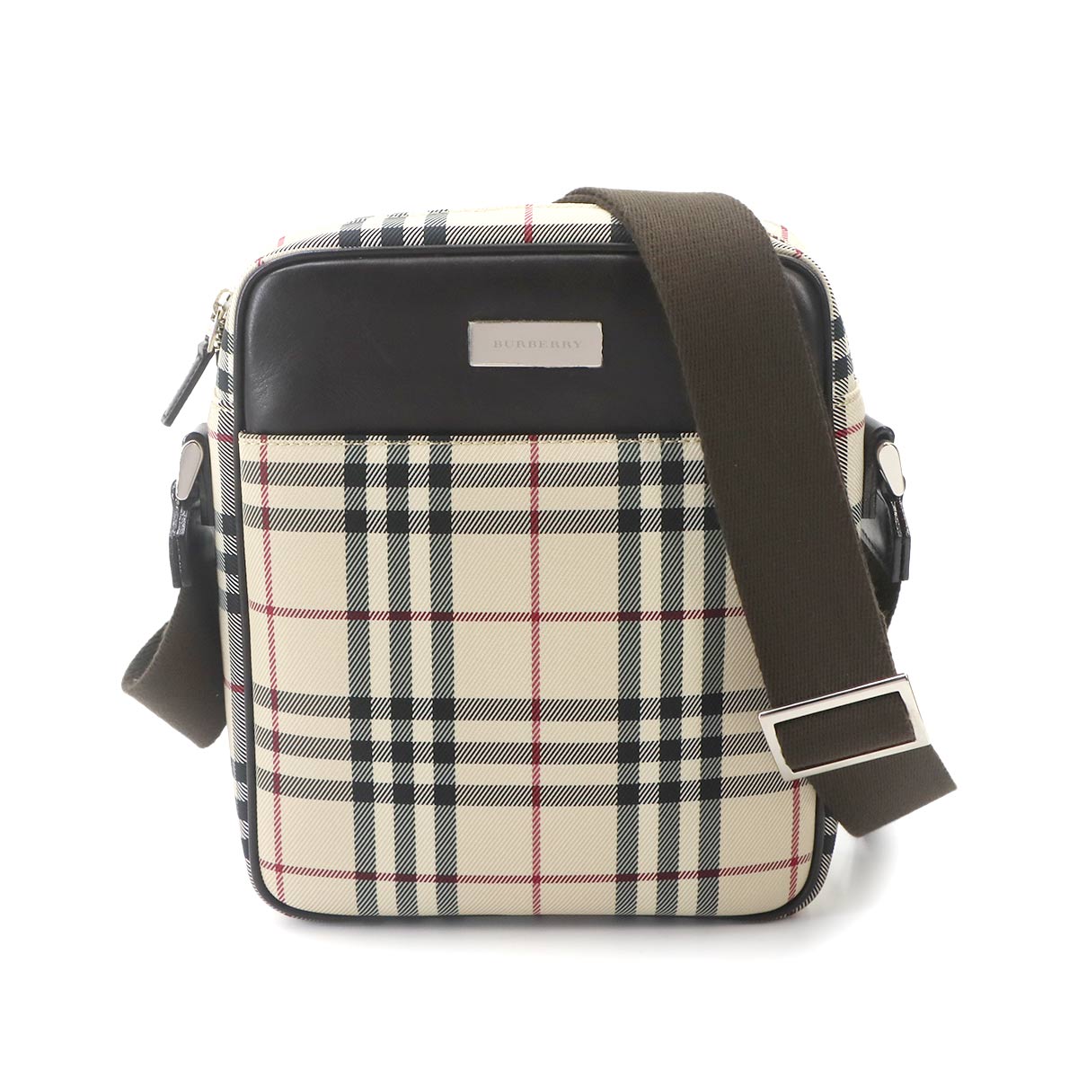 Plaid Shoulder Bag Canvas Leather Beige Brown Purse