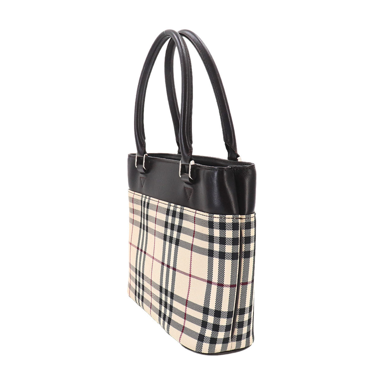 Plaid Hand Bag Canvas Leather Beige Dark brown Purse