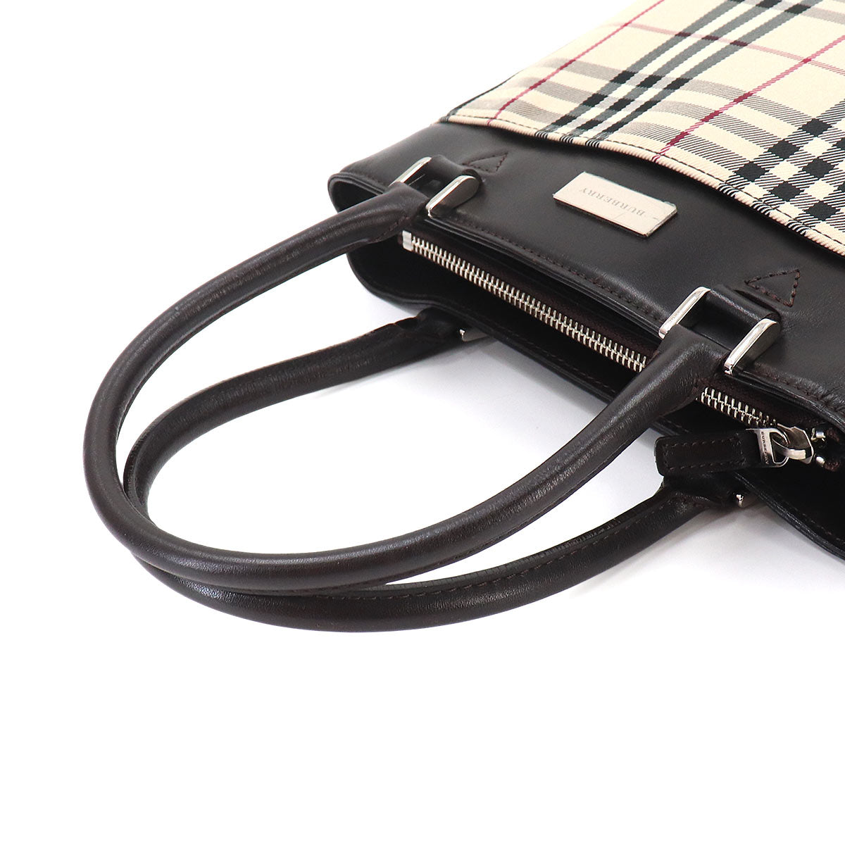 Plaid Hand Bag Canvas Leather Beige Dark brown Purse