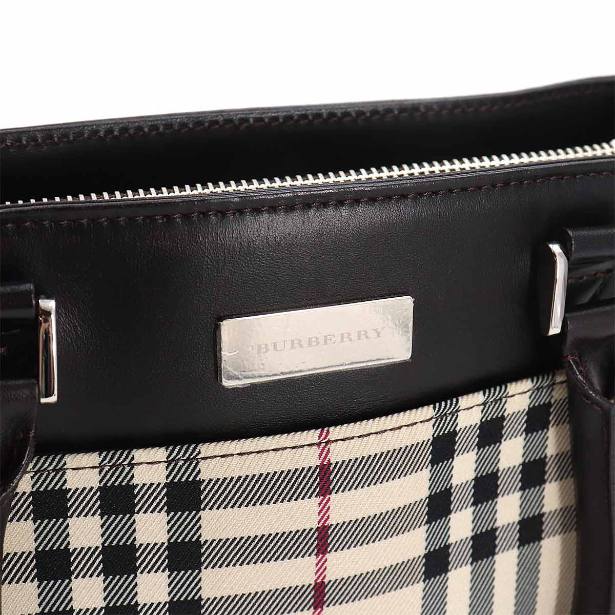 Plaid Hand Bag Canvas Leather Beige Dark brown Purse