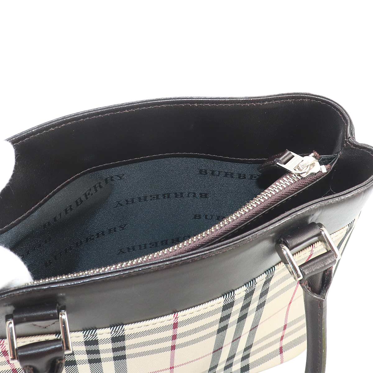 Plaid Hand Bag Canvas Leather Beige Dark brown Purse