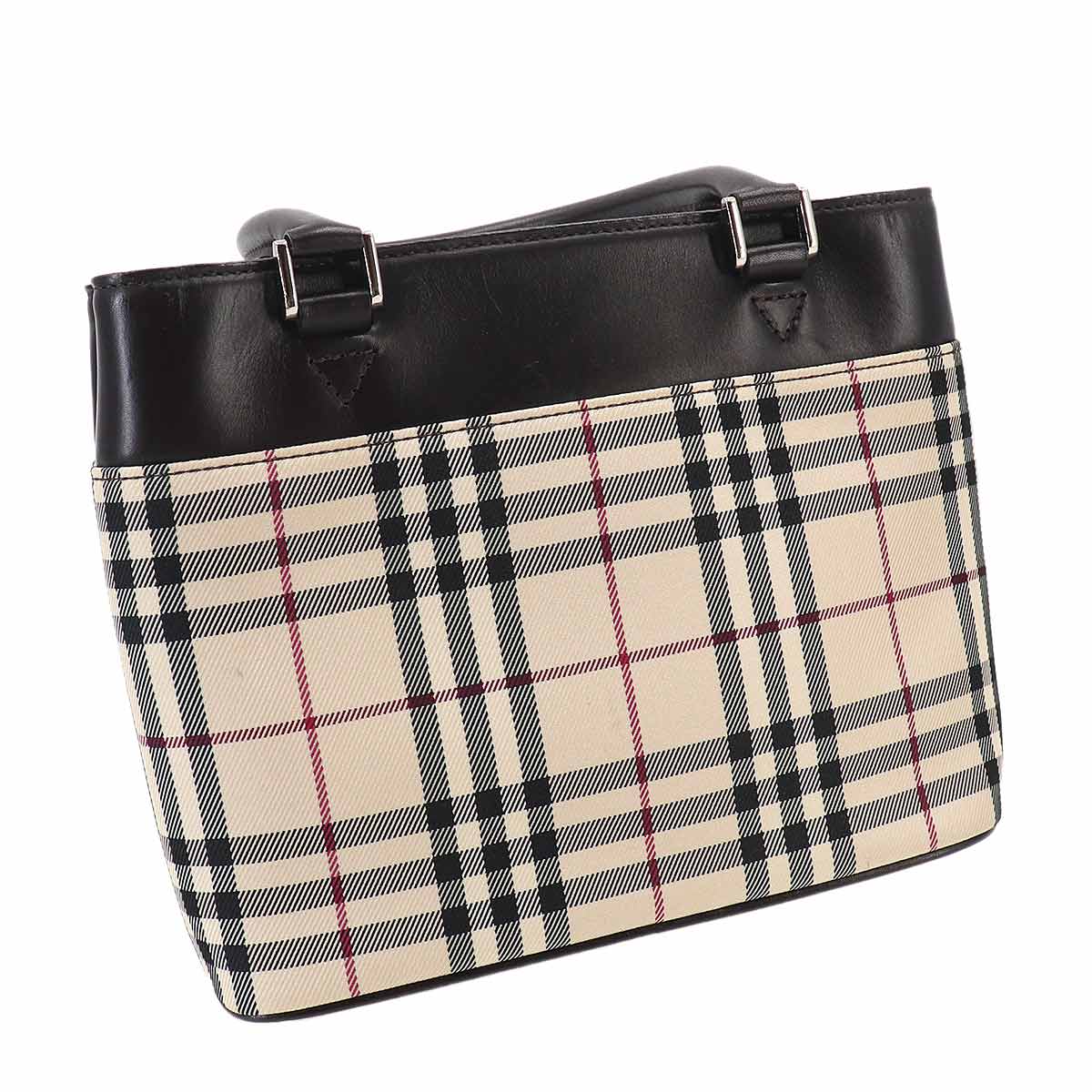 Plaid Hand Bag Canvas Leather Beige Dark brown Purse