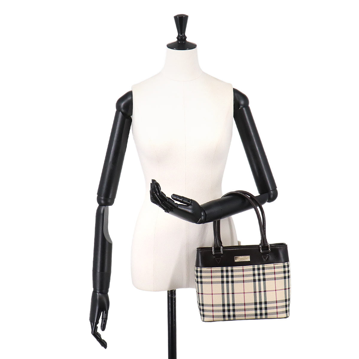 Plaid Hand Bag Canvas Leather Beige Dark brown Purse