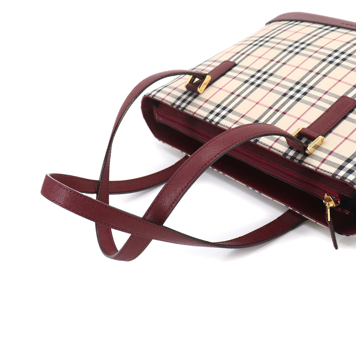 Plaid Hand Bag Canvas Leather Beige Bordeaux Purse