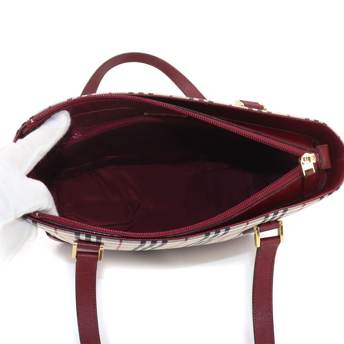 Plaid Hand Bag Canvas Leather Beige Bordeaux Purse