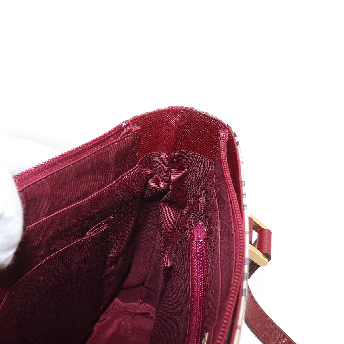 Plaid Hand Bag Canvas Leather Beige Bordeaux Purse