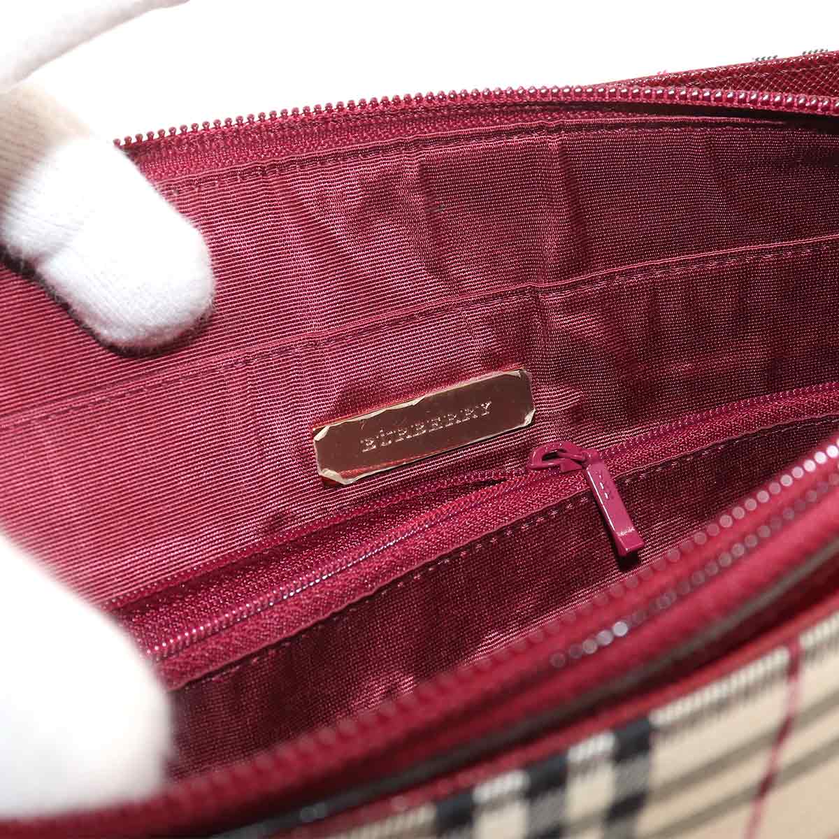 Plaid Hand Bag Canvas Leather Beige Bordeaux Purse