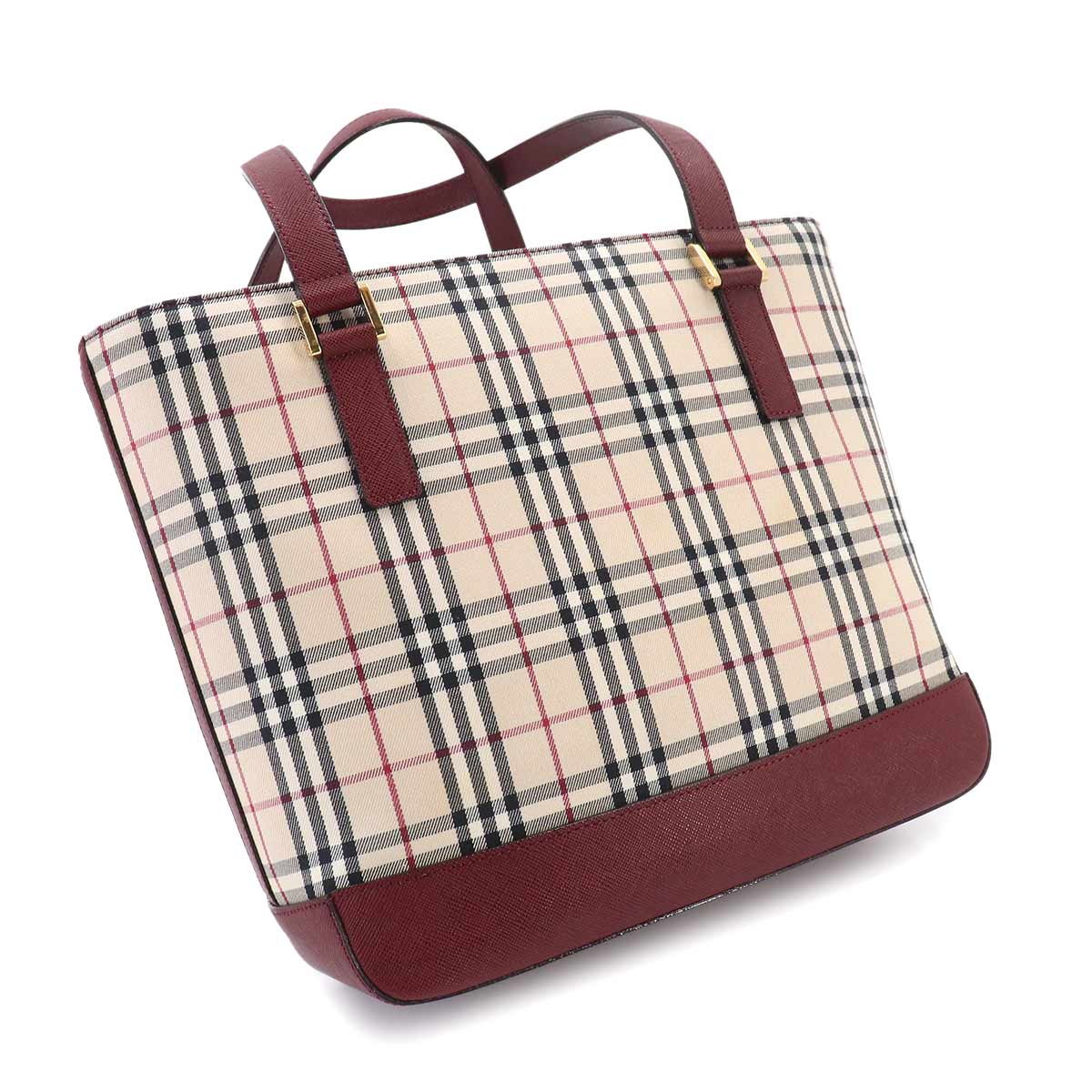 Plaid Hand Bag Canvas Leather Beige Bordeaux Purse