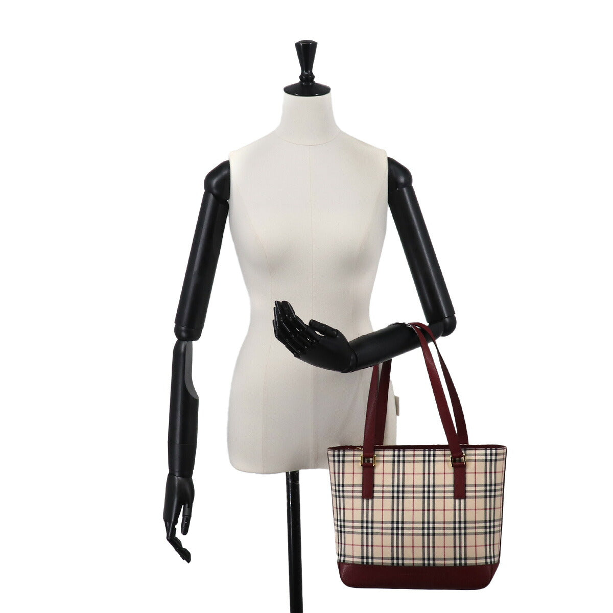 Plaid Hand Bag Canvas Leather Beige Bordeaux Purse