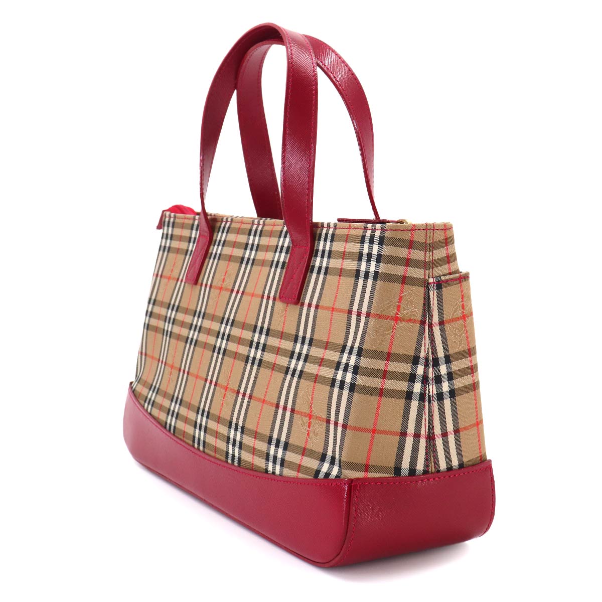 Plaid Hand Bag Canvas Leather Beige Red Purse