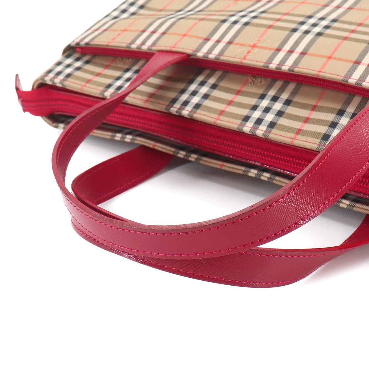 Plaid Hand Bag Canvas Leather Beige Red Purse