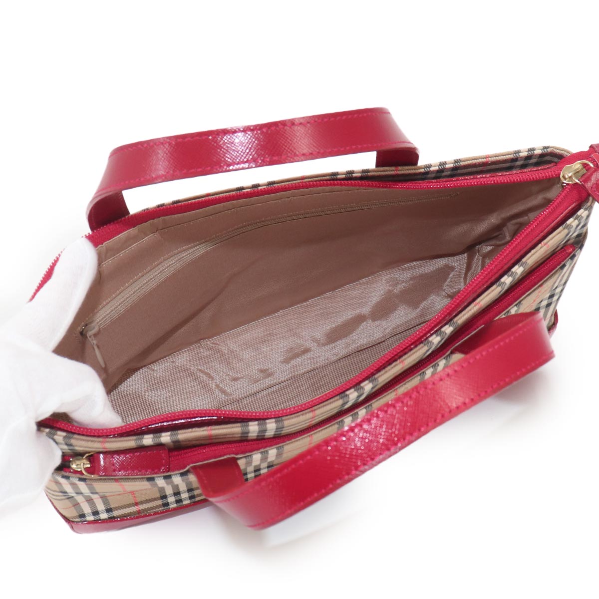 Plaid Hand Bag Canvas Leather Beige Red Purse