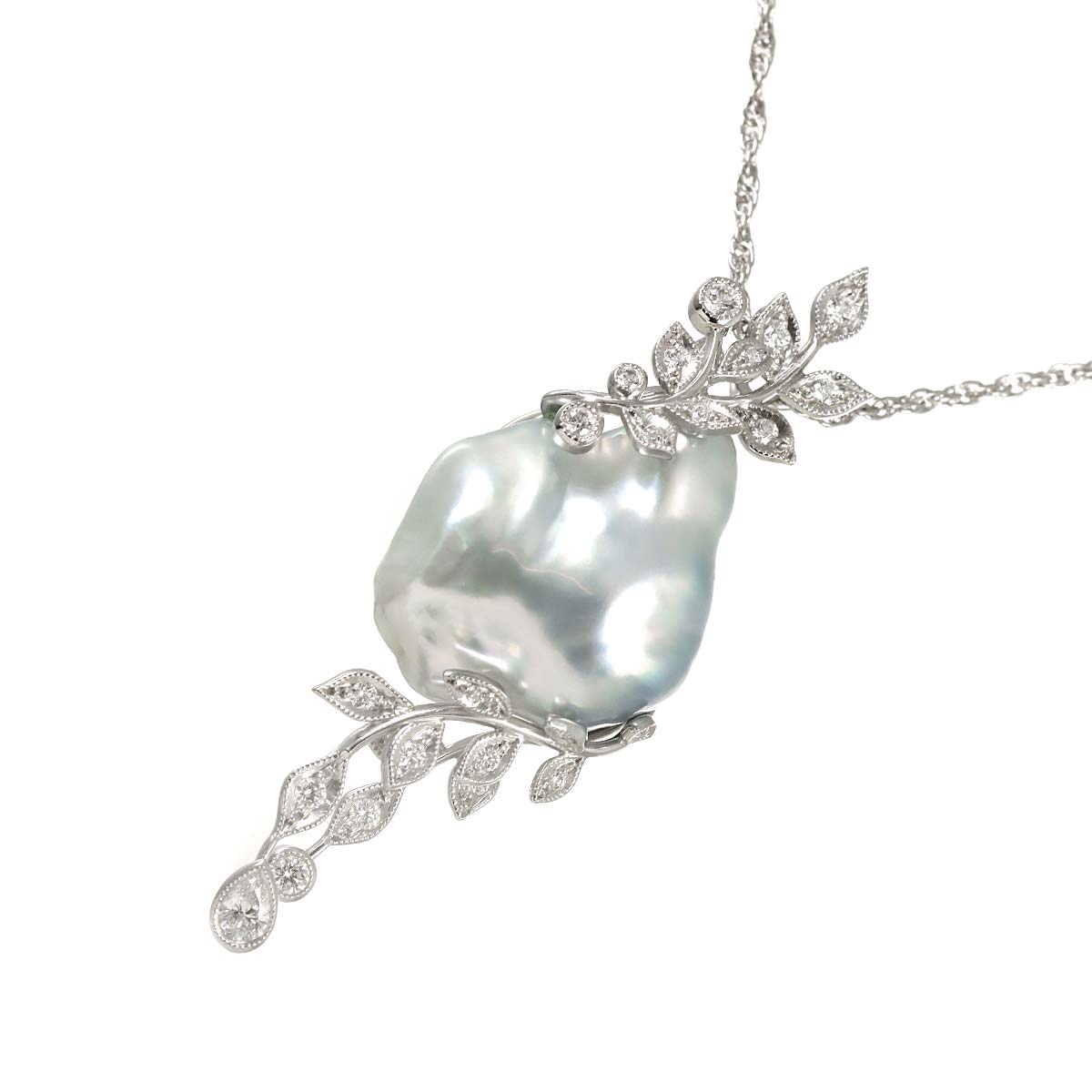 Baroque Pearl Diamond Necklace 18K White Gold 750