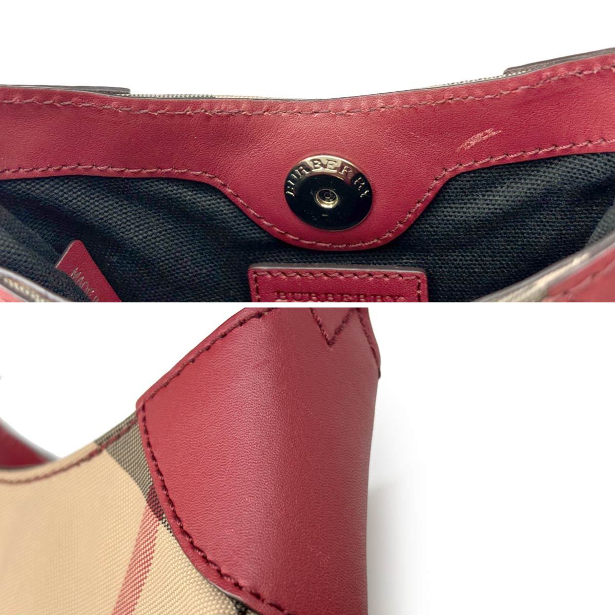 Shoulder Bag Canvas Leather Beige Red Plaid Purse