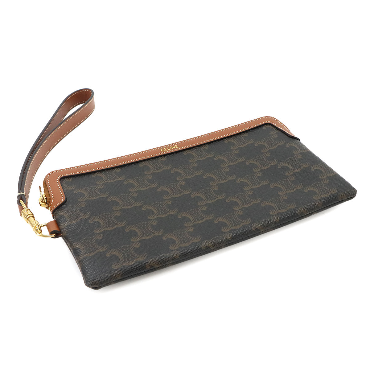 Triomphe Long Pouch with Strap PVC Leather Black Tan Purse