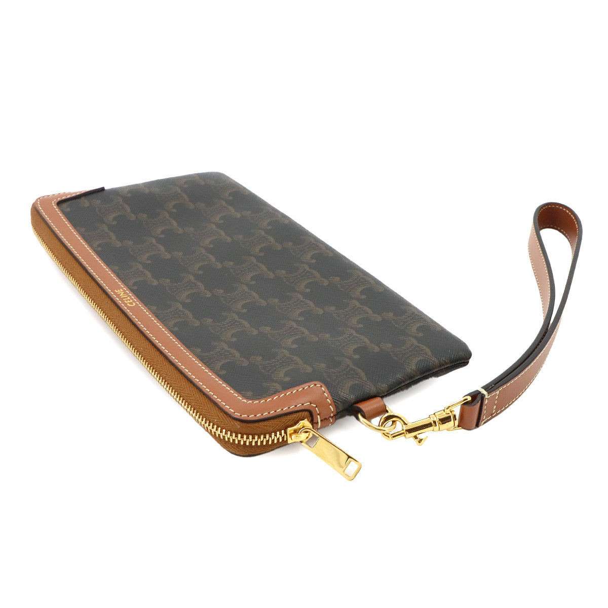 Triomphe Long Pouch with Strap PVC Leather Black Tan Purse