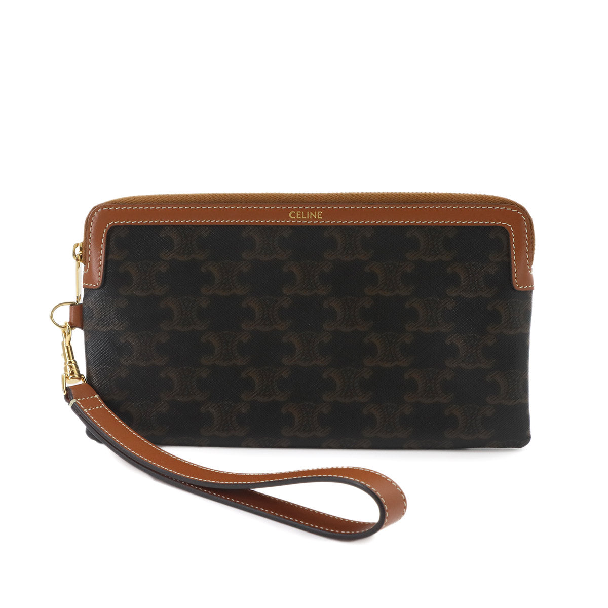 Triomphe Long Pouch with Strap PVC Leather Black Tan Purse