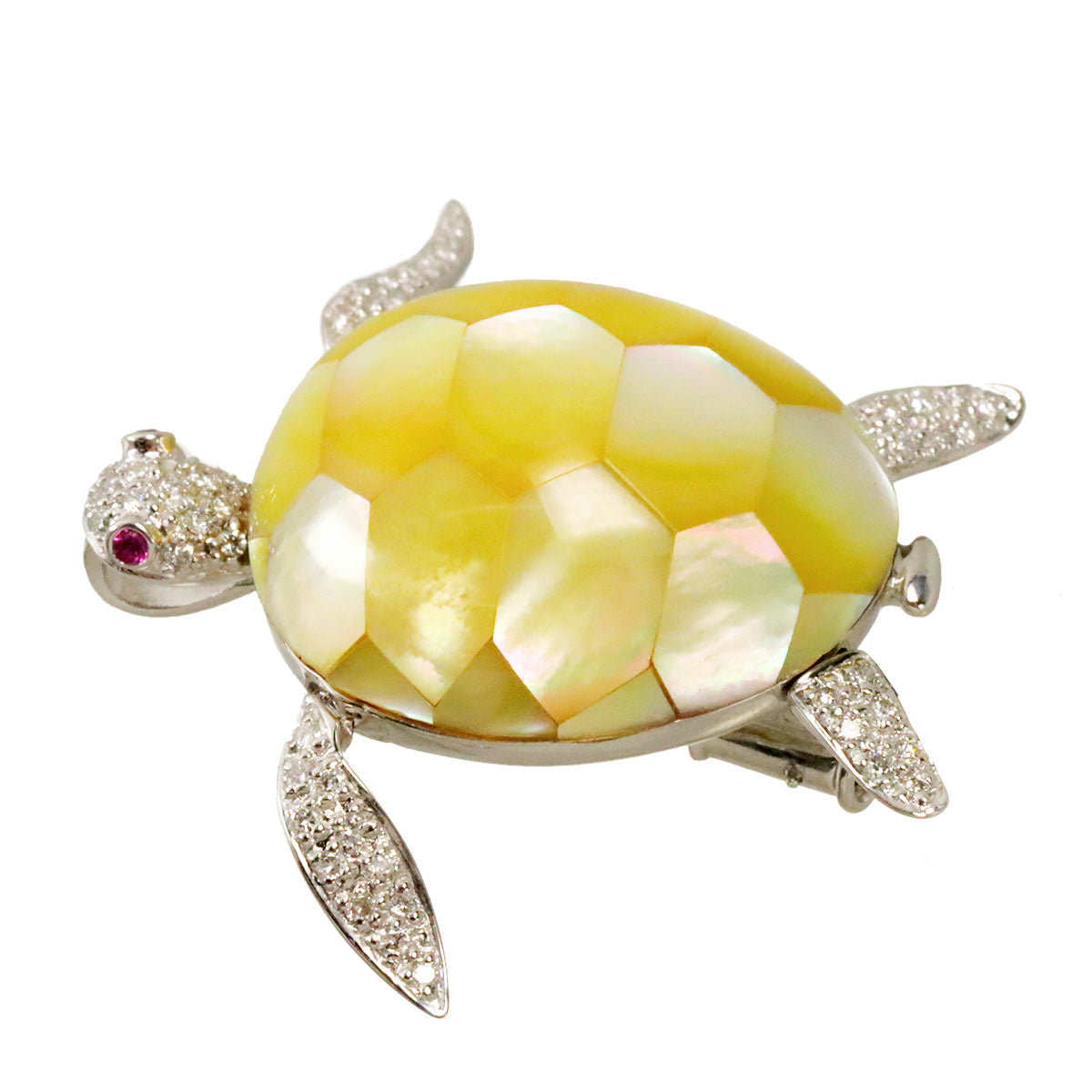 Shell Diamond Ruby Brooch Pendant Top 18K WG Wheite Gold 750