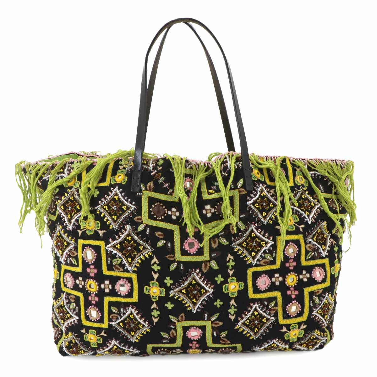 Beads Tote Bag Canvas Leather Multicolor Purse