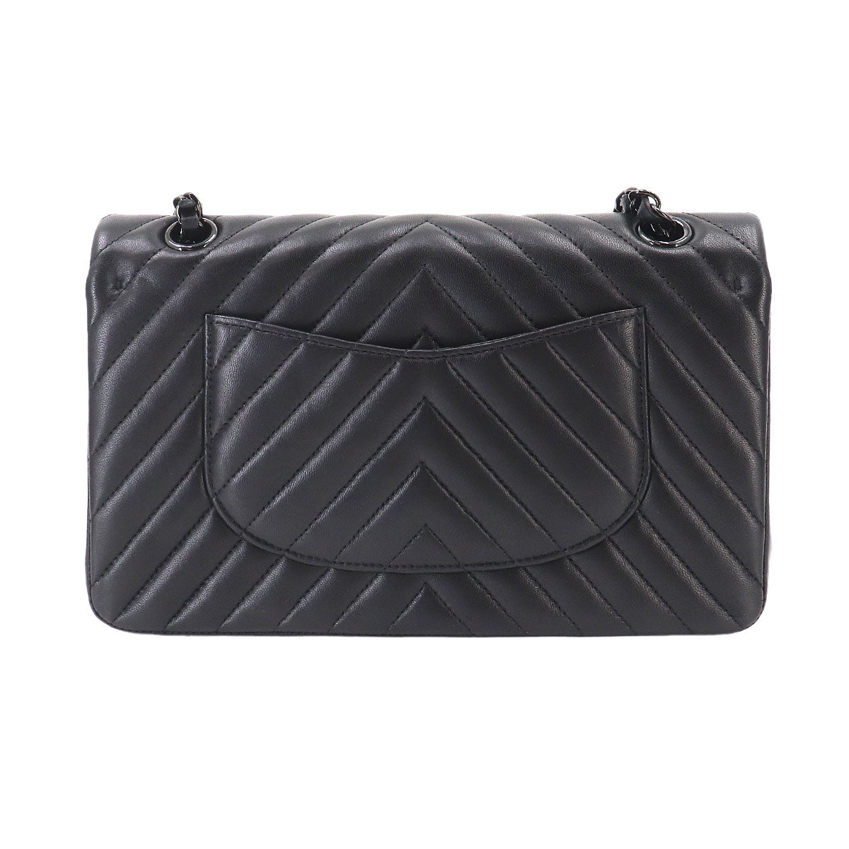 Chevron V Stitch Chain Shoulder Bag Leather Black A01112 Purse