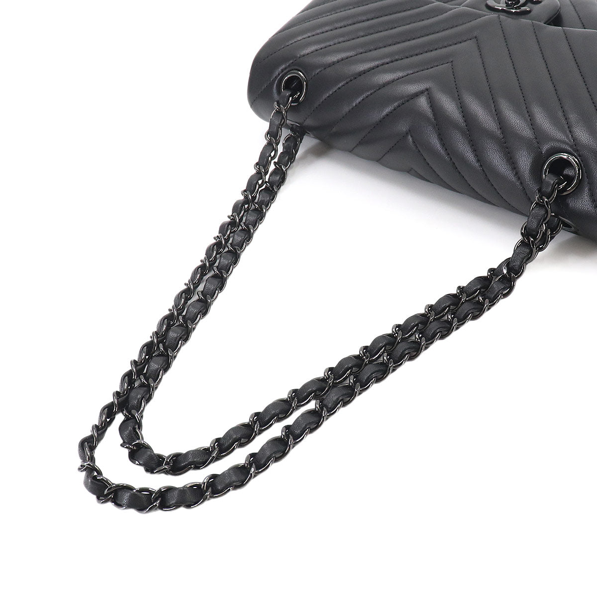 Chevron V Stitch Chain Shoulder Bag Leather Black A01112 Purse