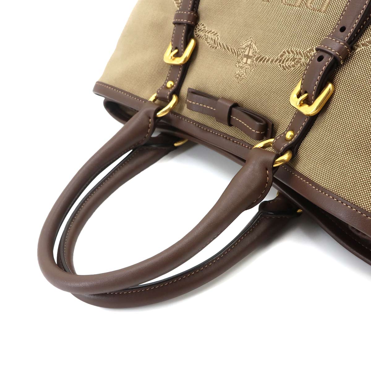 Logo Jacquard Ribbon 2Way Handbag Shoulder Bag Canvas Leather Beige Brown