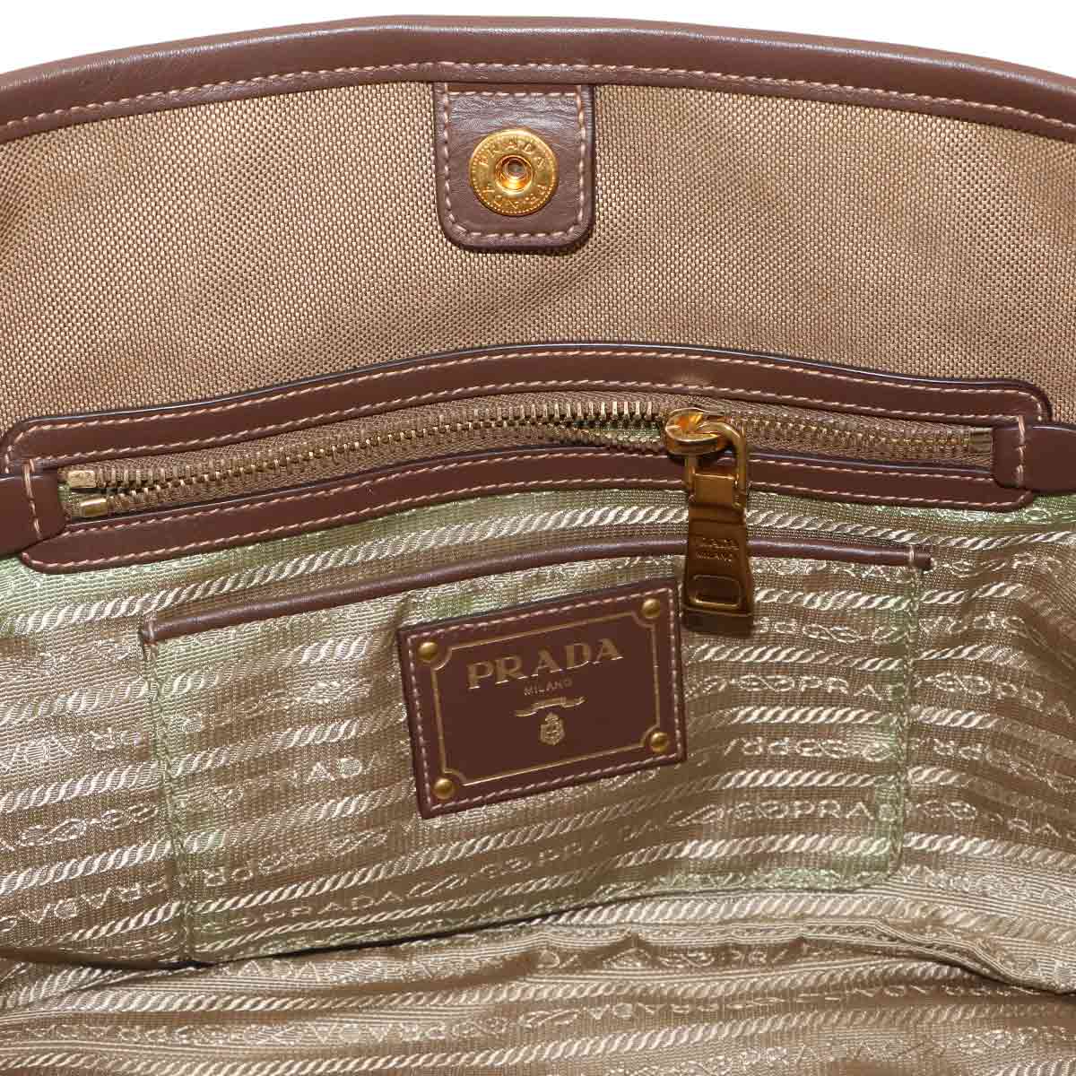Logo Jacquard Ribbon 2Way Handbag Shoulder Bag Canvas Leather Beige Brown