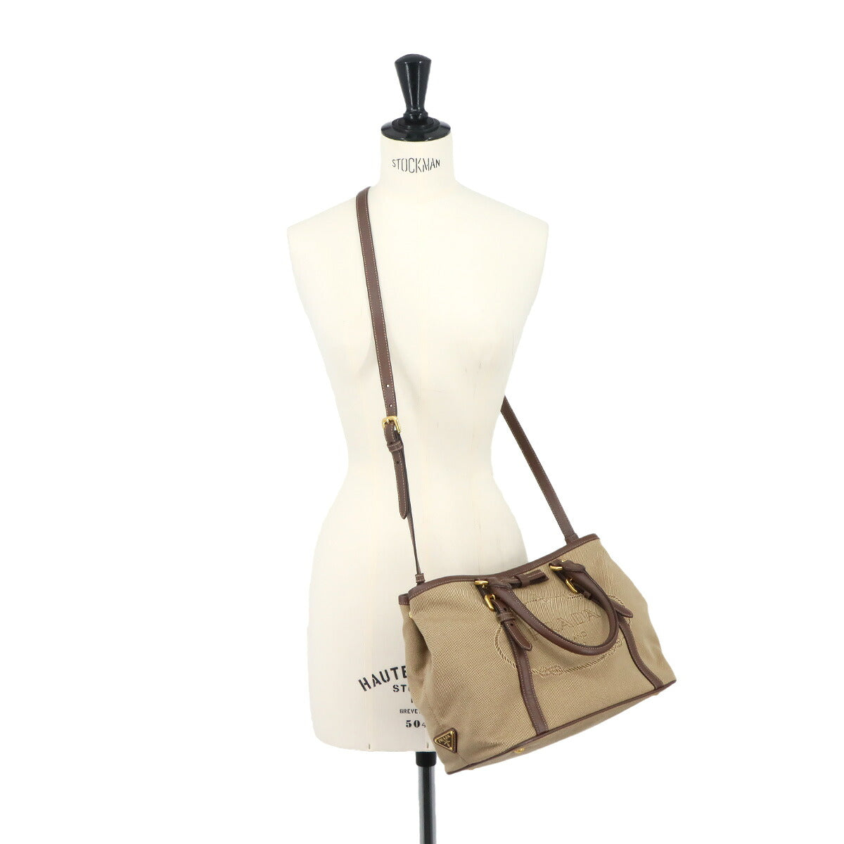 Logo Jacquard Ribbon 2Way Handbag Shoulder Bag Canvas Leather Beige Brown