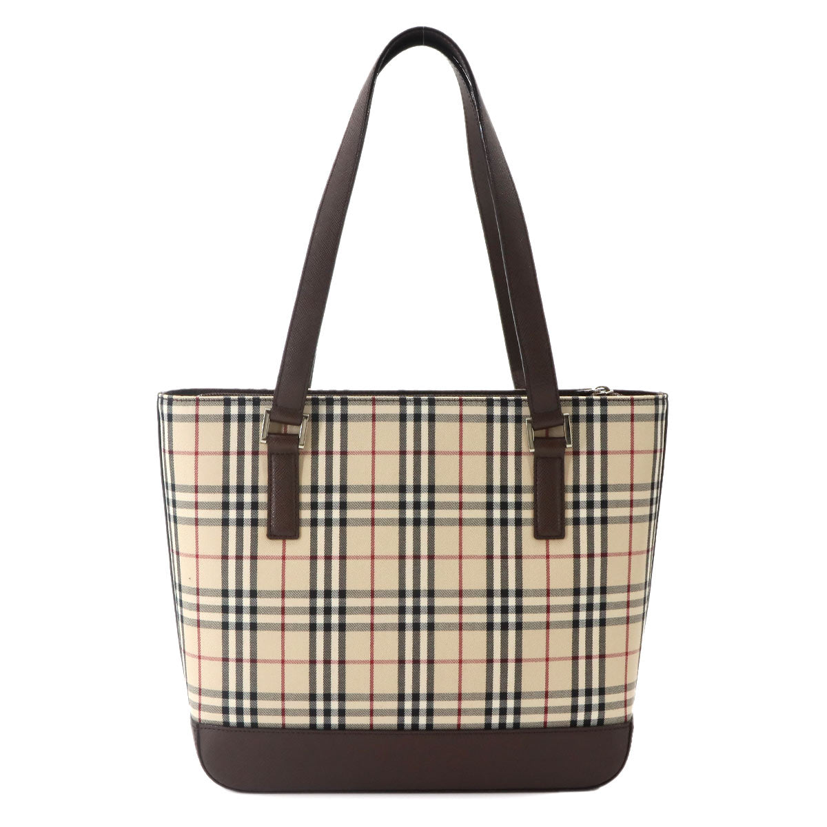 Plaid Tote Bag Canvas Leather Beige Brown