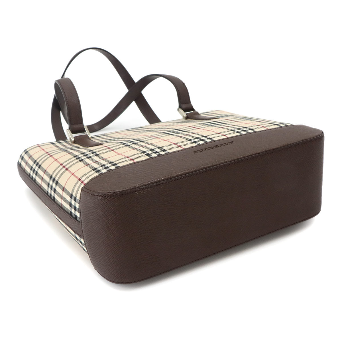 Plaid Tote Bag Canvas Leather Beige Brown