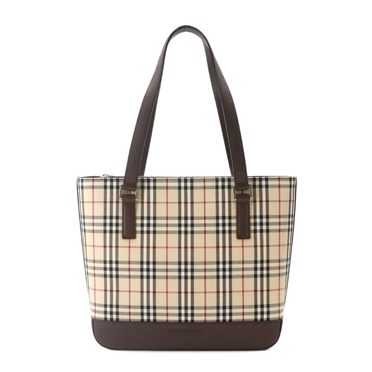 Plaid Tote Bag Canvas Leather Beige Brown