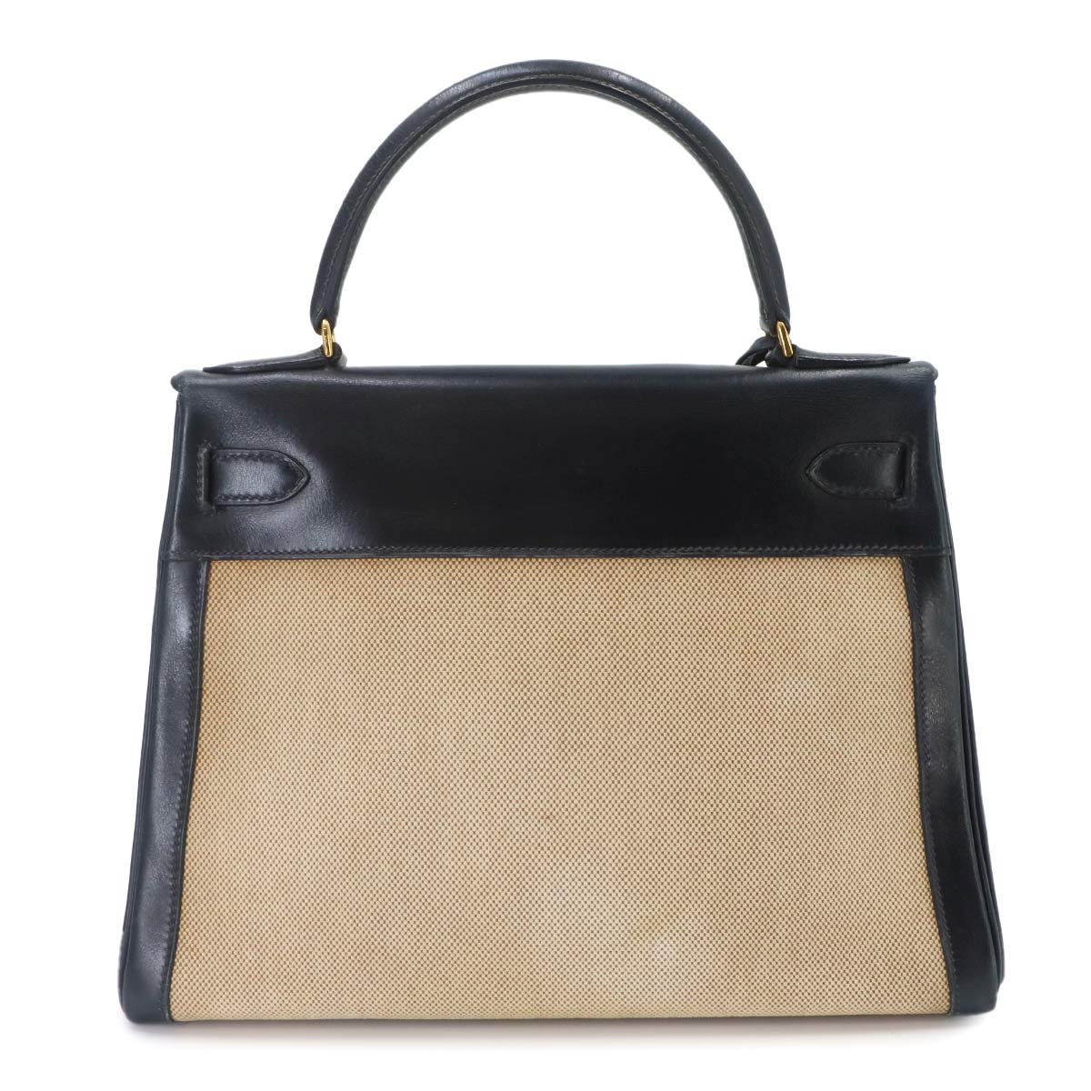 Kelly 28 Hand Bag Toile H Box Calf Beige Navy Purse