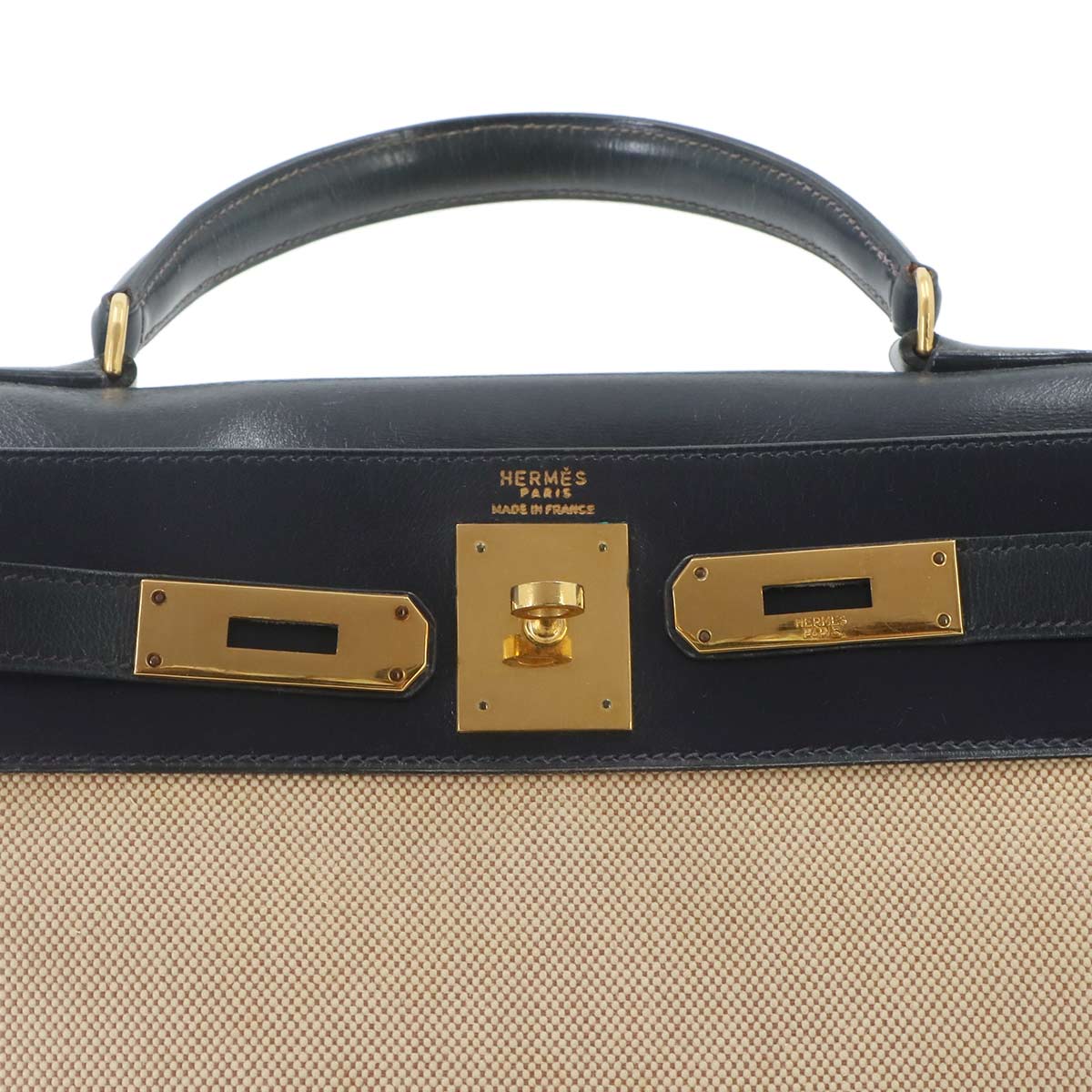 Kelly 28 Hand Bag Toile H Box Calf Beige Navy Purse
