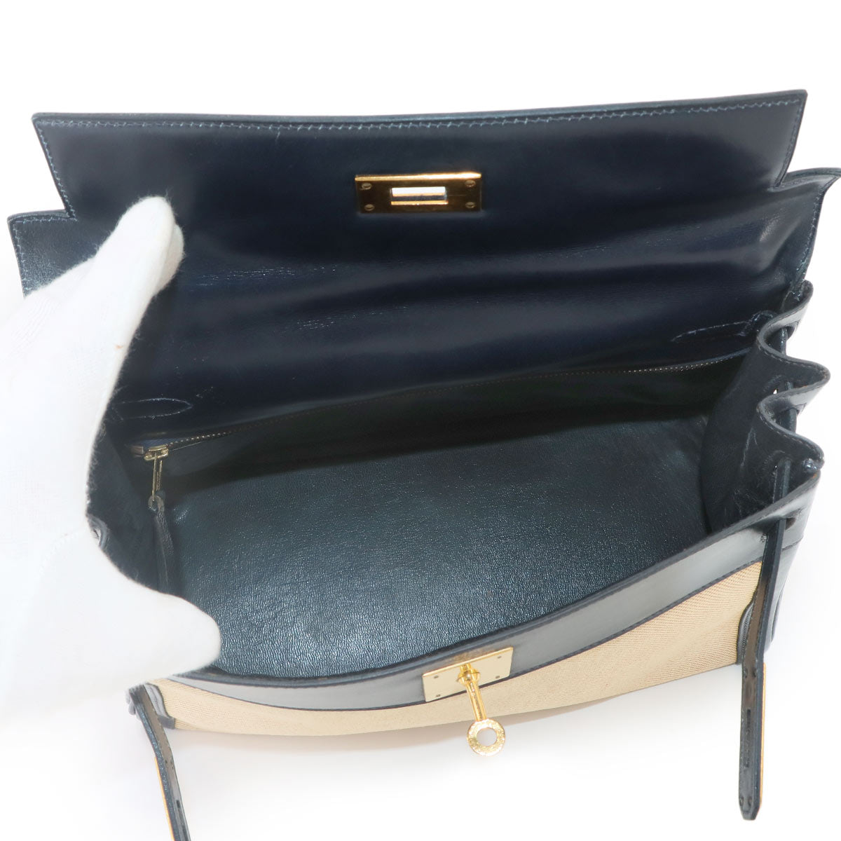 Kelly 28 Hand Bag Toile H Box Calf Beige Navy Purse