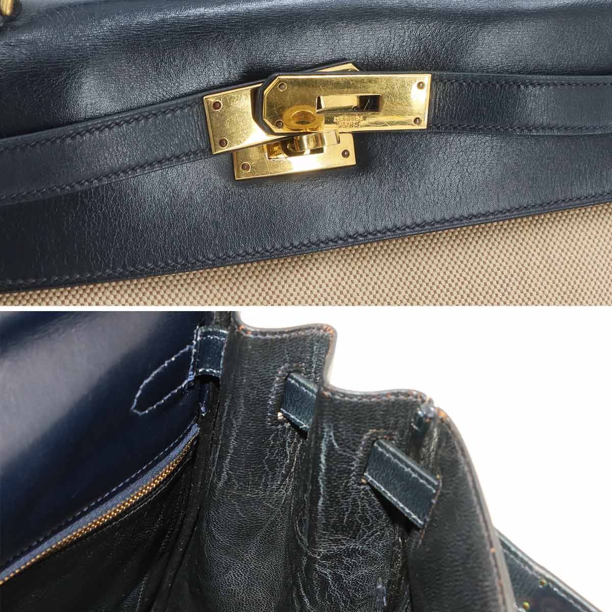 Kelly 28 Hand Bag Toile H Box Calf Beige Navy Purse