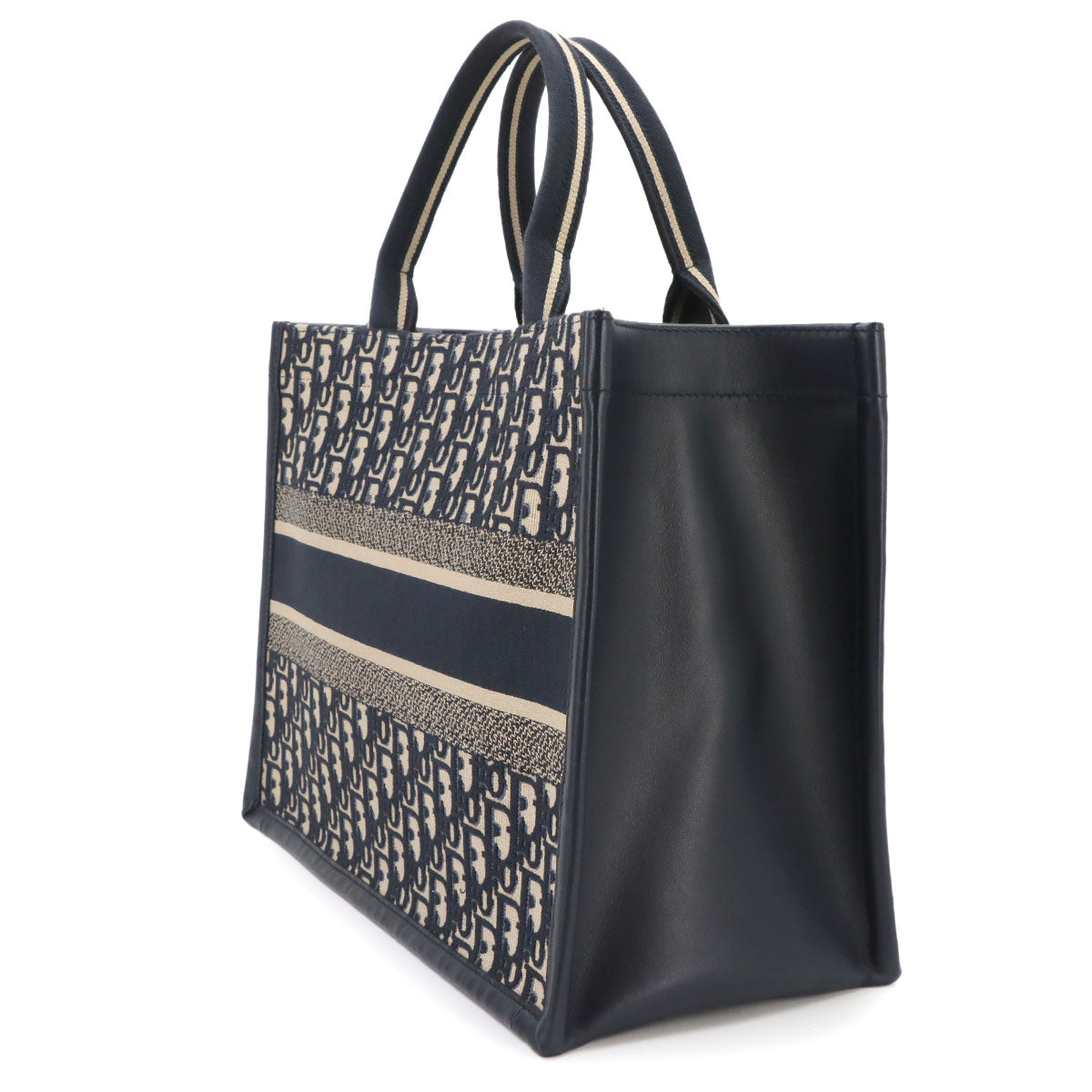 Oblique Book Tote Medium Bag Canvas Leather Navy