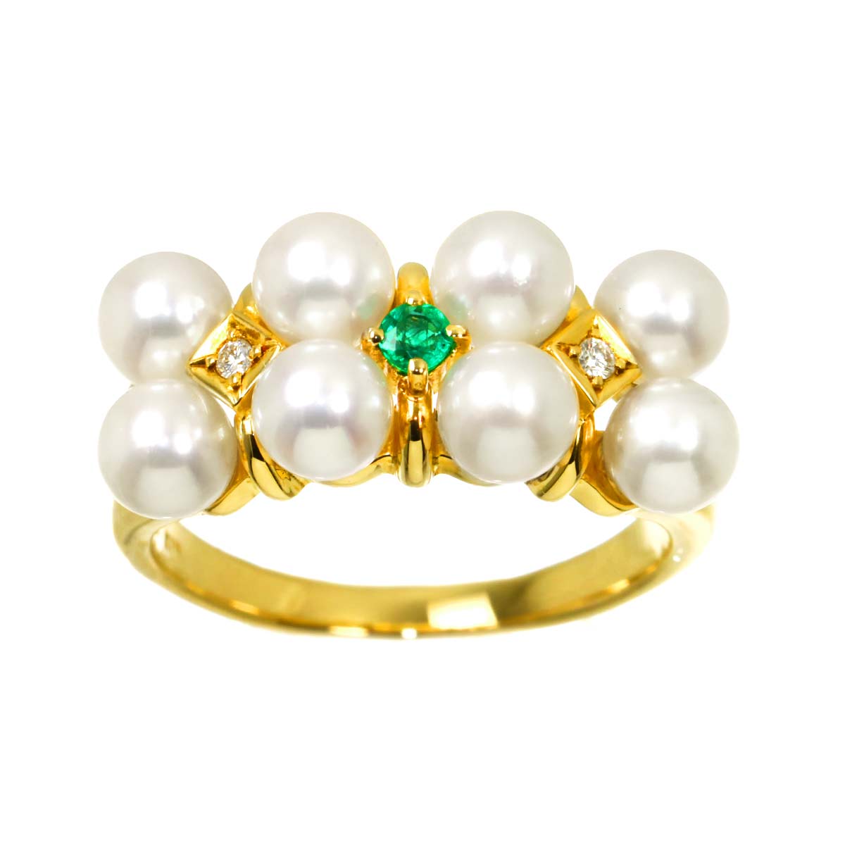 Akoya pearl Diamond 0.02ct Emerald Ring 18K YG size6.5-6.75(US)