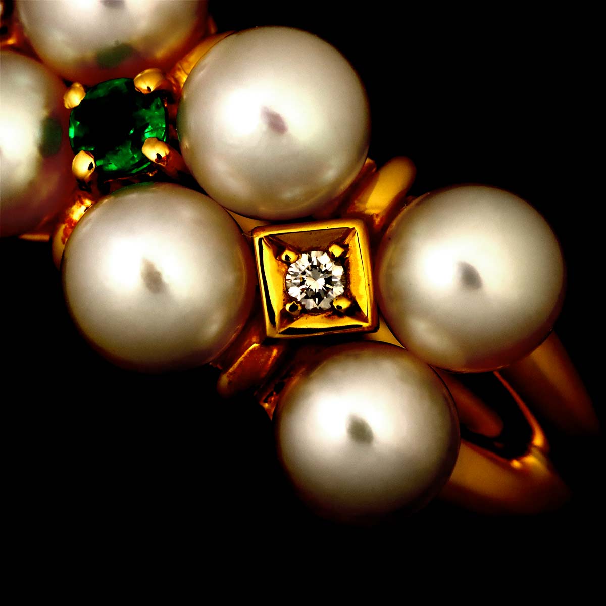 Akoya pearl Diamond 0.02ct Emerald Ring 18K YG size6.5-6.75(US)