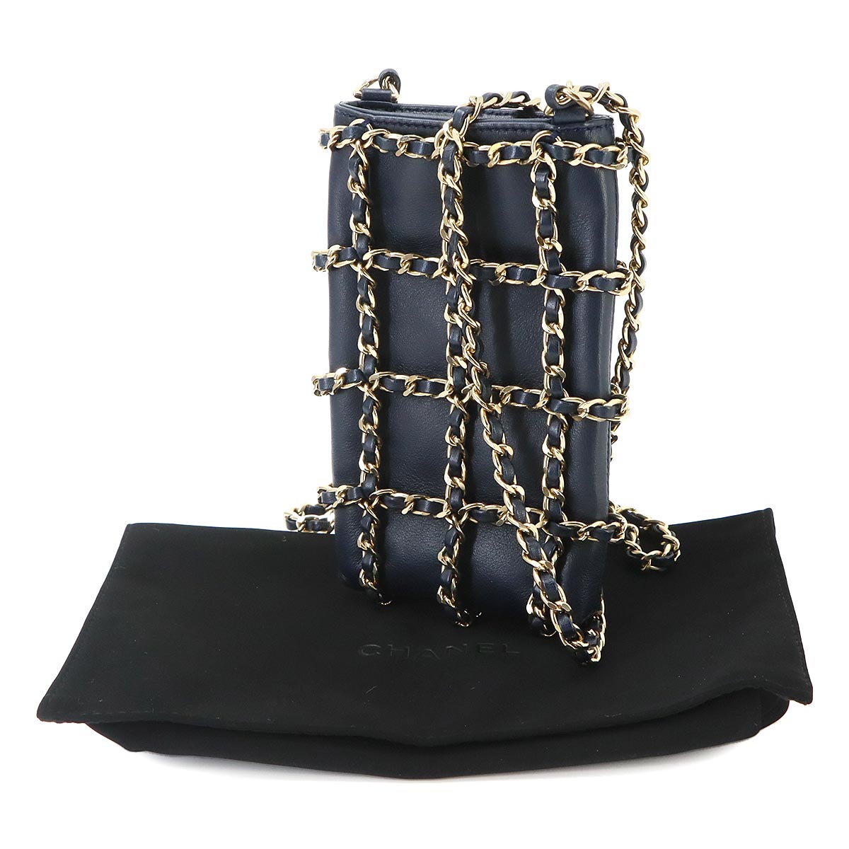 Tech Me Out Chain Phone Holder Shoulder Bag Leather Navy AP1161