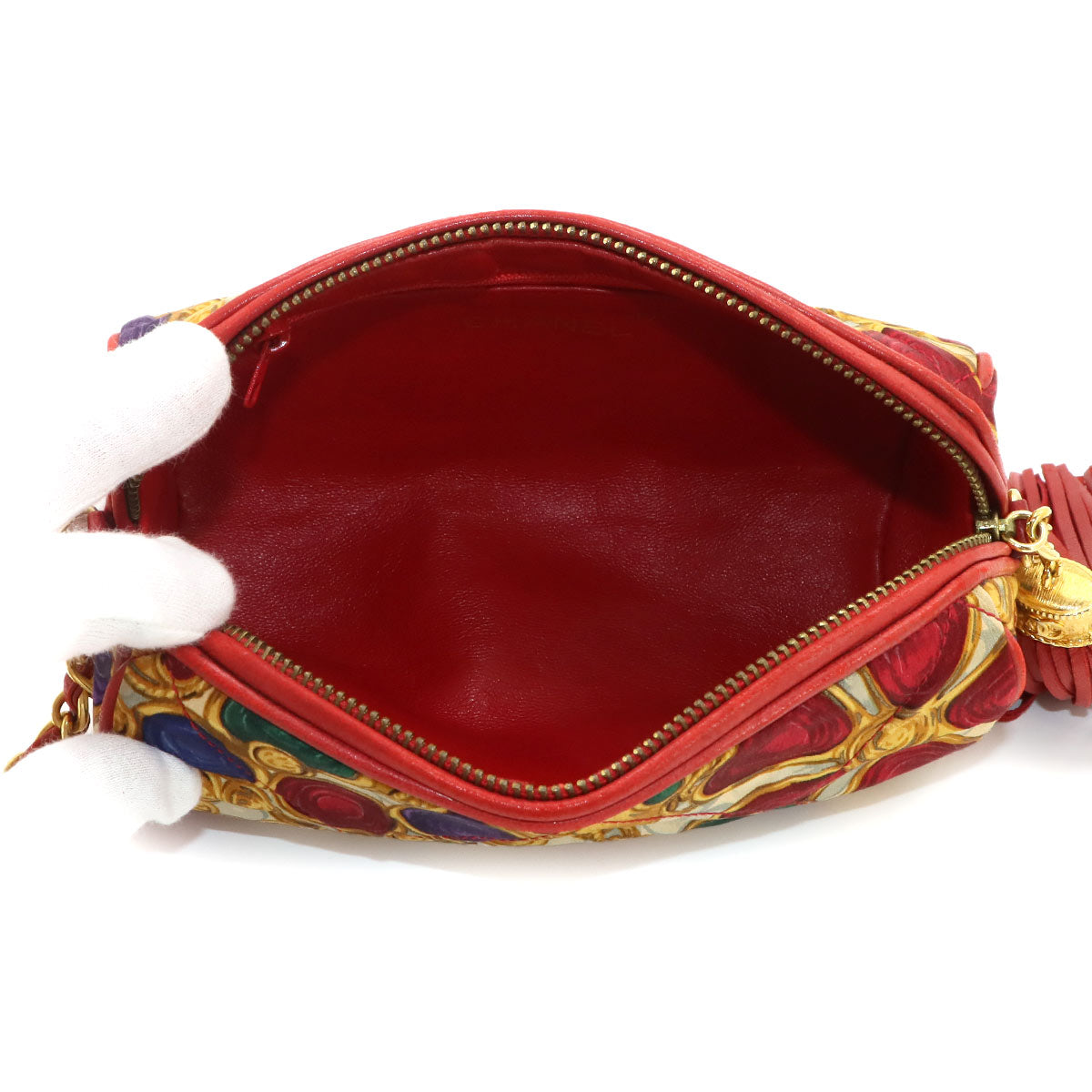 Fringe Chain Shoulder Bag Satin Leather Red Multicolor Vintage