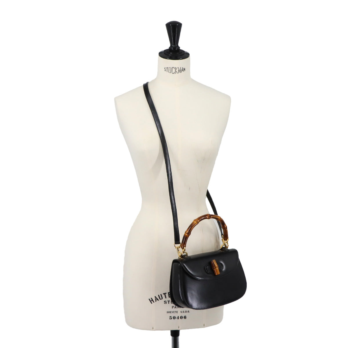 Bamboo 2way Hand Shoulder Bag Leather Black Purse