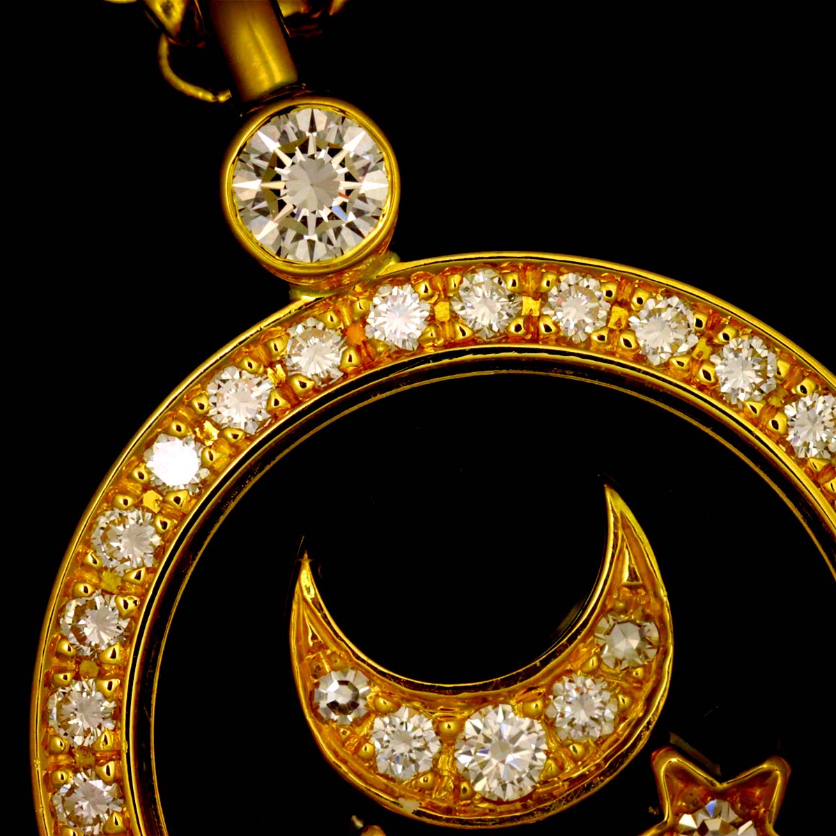 Happy Diamond Moon and Stars Necklace 18K YG 750