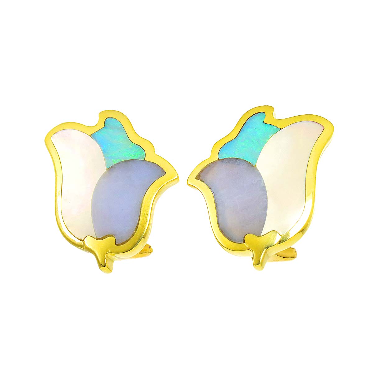 MOP Chalcedony Opal Earrings Clip on 18K Yellow Gold 750